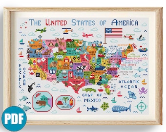 Carte des États-Unis d'Amérique modèle point de croix pdf #158 Animal point de croix Carte des Etats-Unis pour enfants L'aventure vous attend New York Hawaii Alaska DIY