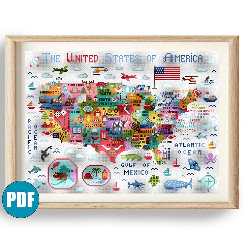 Pode incluir: Um mapa bordado emoldurado dos Estados Unidos da Am&eacute;rica, com cada estado em uma cor diferente. O mapa inclui o texto "The United States of America" e &eacute; cercado por uma moldura de madeira. O logotipo PDF est&aacute; no canto inferior esquerdo.