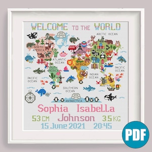 Birth announcement for Boys and Girls World Map modern cross stitch pattern pdf #96 Welcome to the World Animal cross stitch World map decor