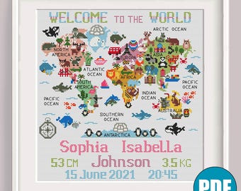 Birth announcement for Boys and Girls World Map modern cross stitch pattern pdf #96 Welcome to the World Animal cross stitch World map decor