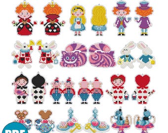 Alice in Wonderland cross stitch pattern pdf #125 for plastic canvas Christmas tree decor The White Rabbit Red Queen Cheshire cat Mad Hatter