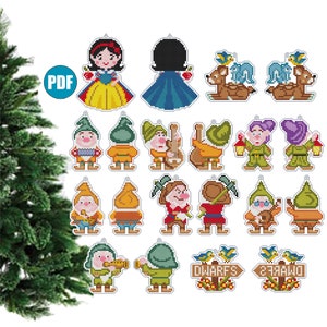 May include: Cross stitch pattern for 15 ornaments featuring Snow White and the Seven Dwarfs. The ornaments include Snow White, the dwarfs, a deer, and two signs that say "Dwarfs" and "7 Dwarfs".