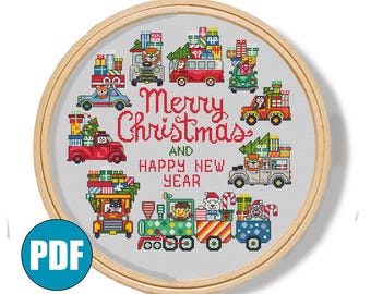 Modèle de point de croix voitures de Noël pdf #141 Sapin de Noël Cadeaux de Noël Modèle de point de croix de Noël Décoration murale de Noël numérique