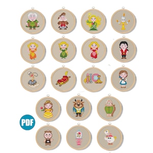 May include: A set of 16 round embroidery patterns featuring characters from the Disney movie Beauty and the Beast. The patterns are printed on white paper and are ready to be stitched.