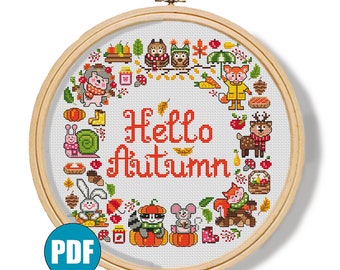 Hello Autumn modern cross stitch pattern pdf #170 Pumpkin Hedgehog Owl Fox Rabbit Deer Squirrel Fall Animal cross stitch Four Seasons Wild