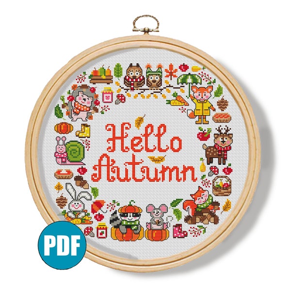 Hello Autumn modern cross stitch pattern pdf #170 Pumpkin Hedgehog Owl Fox Rabbit Deer Squirrel Fall Animal cross stitch Four Seasons Wild