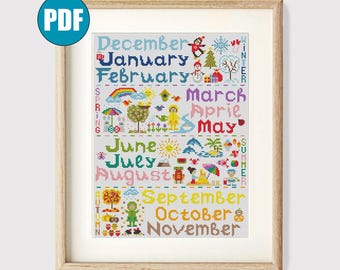 Mois et saisons grille point de croix pdf #131 Été Hiver Printemps Automne Décoration de chambre d'enfant Grille point de croix bébé pdf Bonhomme de neige arc-en-ciel
