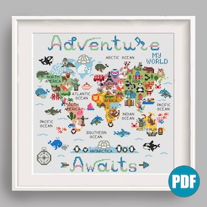 Weltkarte „Abenteuer erwartet“ modernes Kreuzstichmuster PDF #96 Kinderzimmer Dekor Kinderzimmer Karte Wildtier Europa Asien Afrika Australien DIY
