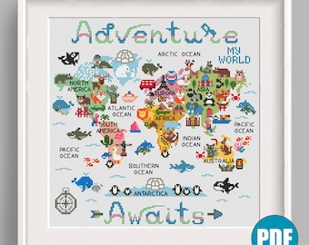 Mapa Mundi: A Aventura Aguarda - Padrão de Ponto Cruz Moderno em PDF #96 - Decoração para Quarto Infantil - Mapa de Berçário - Animais Selvagens - Europa, Ásia, África, Austrália - Faça Você Mesmo