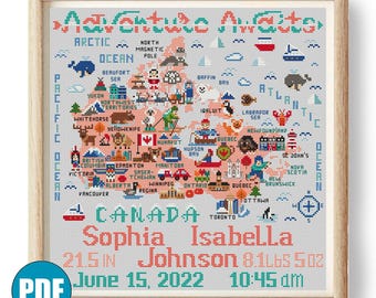 Modèle moderne de faire-part de naissance au point de croix pdf #162 Faire-part de naissance, carte du Canada, point de croix animal, décor de point de croix au Canada