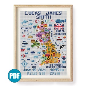 Großbritanien Landkarte Geburtsankündigung Kreuzstichmuster pdf Digitales Großbritanien London Babymitteilung Do-It-Yourself Alphabet DIY