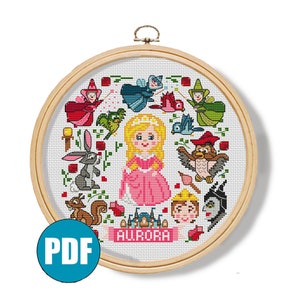 Patrón de punto de cruz Princesa Aurora La Bella Durmiente pdf #180 Princesa punto de cruz Flora Fauna Merryweather Tres hadas buenas Maléfica