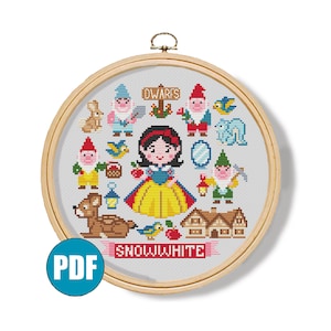 Snow White modern cross stitch pattern pdf #139 Dwarfs cross stitch  Baby cross stitch Snow White cross stitch Deer Rabbit Girls room decor