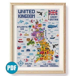 Gran Bretagna Mappa del Regno Unito schema moderno punto croce pdf Mappa del Regno Unito per bambini Londra Scozia Galles Inghilterra Irlanda del Nord Schema digitale pdf fai da te
