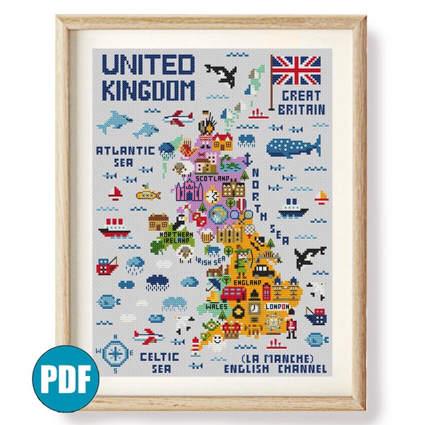 Great Britain UK map modern cross stitch pattern pdf UK map for kids London Scotland Wales England Northern Ireland Digital pdf pattern DIY