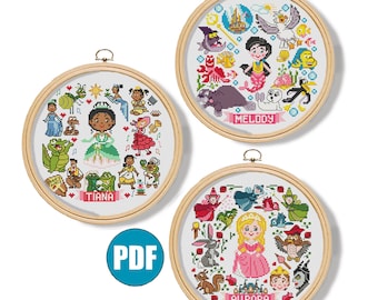 Set of three princess Tiana Melody Aurora cross stitch pattern pdf #179, 180, 181 Sleeping beauty The Princess and the Frog Mermaid Princess
