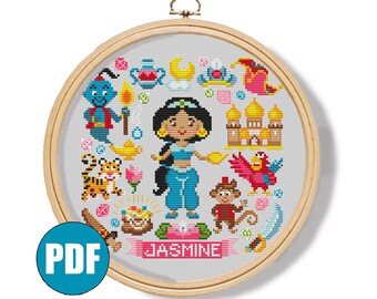 Peut inclure: Modèle de point de croix représentant Jasmine d'Aladdin. Le motif comprend Jasmine, Abu, Rajah, le Génie et d'autres éléments emblématiques du film. Le motif est dans un cercle et comprend le mot "JASMINE" en rose.