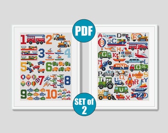 Set of 2 Cars Alphabet and Numbers cross stitch pattern pdf #50 and #51 Baby Nursery decor Car Truck Boat Excavator Submarine Fire truck car