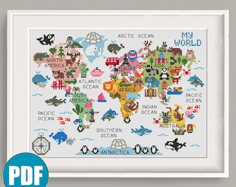 World map for kids My World modern cross stitch pdf pattern #96 Wild animal cross stitch Africa Europe Australia cross stitch Nursery Asia