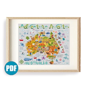 L'aventure de l'Australie vous attend, carte des animaux, modèle de point de croix pdf #152 Australie point de croix Carte de l'Australie Grande barrière de corail kangourou DIY