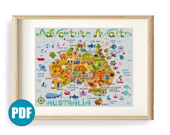 L'aventure de l'Australie vous attend, carte des animaux, modèle de point de croix pdf #152 Australie point de croix Carte de l'Australie Grande barrière de corail kangourou DIY