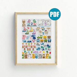 May include: A framed cross-stitch pattern featuring colorful images of animals, sailboats, and numbers 1-10. The design includes a deer, mermaids, polar bears, sheep, elephants, a train, whales, and other creatures. The PDF icon is in the upper right corner.