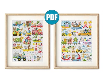 Alphabet animaux, bébé, point de croix, pdf, #80, point de croix pour chambre d'enfant, point de croix animal, décoration pour chambre de garçons et de filles, voitures, pelle, princesse