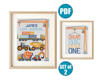 Birth Announcement Heavy equipment cross stitch PDF #103 #104 Dream big Little one Dump truck Cement mixer Bulldozer Excavator Nursery decor