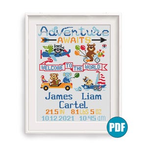 Birth announcement Adventure Awaits modern cross stitch pattern pdf #94 Animal cross stitch Animal cross stitch Plane Car Bear Cute DIY