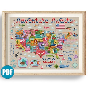 USA Kreuzstich Stickmuster #159 USA Kreuzstich Stickmuster für Kinder Abenteuer erwartet Alaska New York Hawaii