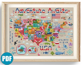Patrón de punto de cruz del mapa de EE. UU. en PDF #159 Punto de cruz de animales Mapa de Estados Unidos para niños La aventura te espera Alaska Nueva York Hawái Hazlo tú mismo