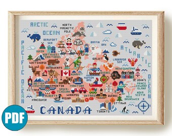 Korsstygnsmönster för Kanada i pdf-format #161 Karta över Kanada Djurkorsstygn Kanada korsstygnsdekor Väggdekor för flickor i Ottawa Toronto
