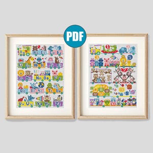 May include: Two framed cross-stitch samplers. One features the alphabet with animal illustrations, the other has numbers and animals. The frames are light brown. The PDF logo is in the top center.