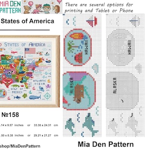 Pode incluir: Um mapa dos Estados Unidos bordado em ponto cruz, com contornos estaduais detalhados e imagens coloridas. A imagem tamb&eacute;m inclui padr&otilde;es de ponto cruz para o Hava&iacute; e o Alasca, e o texto "States of America". O padr&atilde;o mede 33,38 x 24,31 cm.