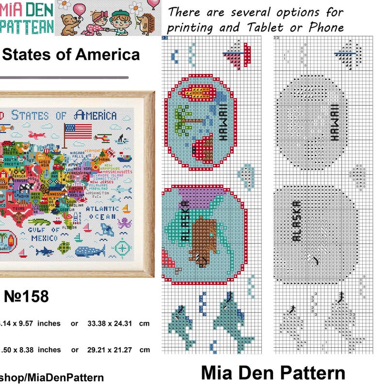 Pode incluir: Um mapa dos Estados Unidos bordado em ponto cruz, com contornos estaduais detalhados e imagens coloridas. A imagem tamb&eacute;m inclui padr&otilde;es de ponto cruz para o Hava&iacute; e o Alasca, e o texto "States of America". O padr&atilde;o mede 33,38 x 24,31 cm.
