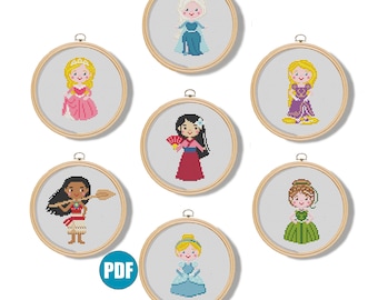 Princess cross stitch pattern pdf #121 Elsa Anna Aurora Moana Cinderella Mulan Rapuncel cross stitch pattern Princess embroidery Digital DIY