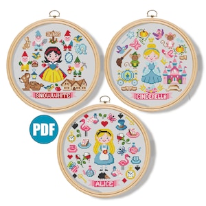 May include: Three embroidery hoop patterns featuring Disney princesses: Snow White, Cinderella, and Alice. Each hoop has a colorful design with the princess in the center surrounded by various characters and objects from their respective stories.