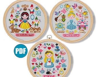 Peut inclure: Trois motifs de broderie en cerceau représentant des princesses Disney : Blanche-Neige, Cendrillon et Alice. Chaque cerceau présente un design coloré avec la princesse au centre entourée de divers personnages et objets de leurs histoires respectives.
