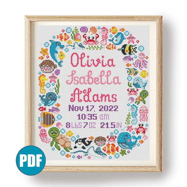 Sea animals Birth Announcement cross stitch pattern pdf #168 Ocean animal Turtle Crab Orca Dolphin Cloun fish Jelly fish Sea star Sea hourse