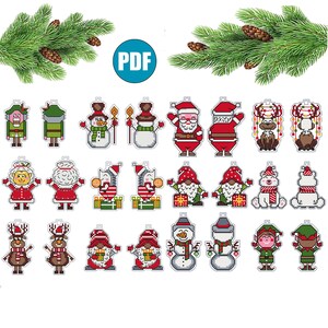 May include: A collection of Christmas-themed cross-stitch ornaments. The ornaments feature various festive characters, including Santa Claus, snowmen, gnomes, and reindeer. The ornaments are in red, green, white, and brown. The image also includes pine branches and a PDF logo.