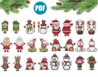 Peut inclure: Une collection d'ornements de Noël en point de croix. Les ornements présentent divers personnages festifs, dont le Père Noël, des bonhommes de neige, des gnomes et des rennes. Les ornements sont rouges, verts, blancs et marron. L'image comprend également des branches de pin et un logo PDF.