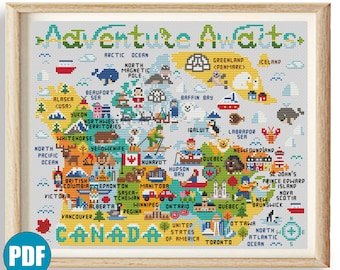 Peut inclure: Un motif de point de croix coloré d'une carte du Canada avec le texte "Adventure Awaits" en haut. La carte comprend les principales villes, provinces et territoires, ainsi que quelques monuments et animaux emblématiques.