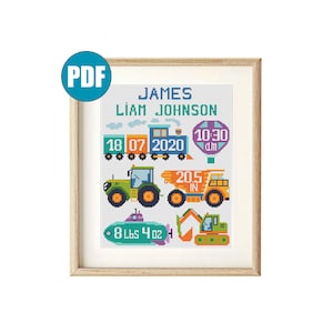 Op de afbeelding: Borduurpatroon met een trein, een tractor, een kiepwagen, een onderzeeër en een graafmachine. Het patroon bevat de naam "James Liam Johnson", de datum "18 07 2020" en de tijd "10:30 uur". Het patroon bevat ook het gewicht "8 lbs 4 oz" en de lengte "20.5 in".