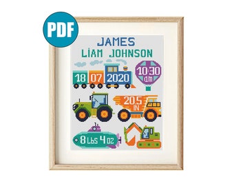 Birth Announcement Excavator Train Dump truck cross stitch pattern pdf #71 Tractor Baby cross stitch Nursery decor Submarine Hot Air Balloon