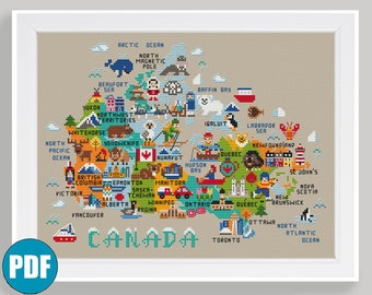 Mapa do Canadá em ponto cruz (PDF) #155 Mapa do Canadá com animais: Ottawa, Quebec, Toronto, Alce, Urso, Xarope de Bordo, Mapa do Canadá - Presente DIY