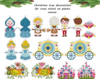 Modèle de point de croix Cendrillon pdf #123 pour toile en plastique Prince Got Mother Castle Citrouille souris Conte de fées Noël Modèle de point de croix