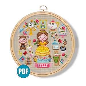 May include: A cross-stitch pattern featuring Belle from Beauty and the Beast. The pattern includes Belle, the Beast, Mrs. Potts, Lumiere, Cogsworth, and other characters from the movie. The pattern is in a circular frame and includes the word "BELLE" at the bottom.