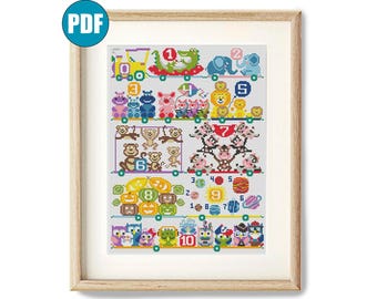 Chiffres train motif animal point de croix pdf #129 Éléphant hibou Aligator Bébé point de croix point de croix pour chambre d'enfant Planètes Citrouille Vache Hippopotame PDF