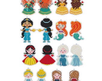 Set of 8 Princess Elsa Anna Snow White Cinderella Jasmine Ariel Merida and Belle cross stitch pattern pdf #117,118 plastic canva Christmas