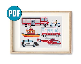 Modèle de point de croix voitures de sauvetage pdf #74 camion de pompier police hélicoptère moto bateau de sauvetage embulance bébé point de croix décoration chambre d'enfant